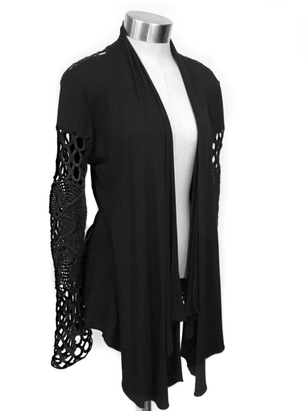 SKY Women Black Crochet Embroidered Open Asymmetrical Cardigan-Small-Made in USA - Picture 2 of 3